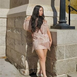 Pretty Little Thing Elegant Fringe Dress in Cream